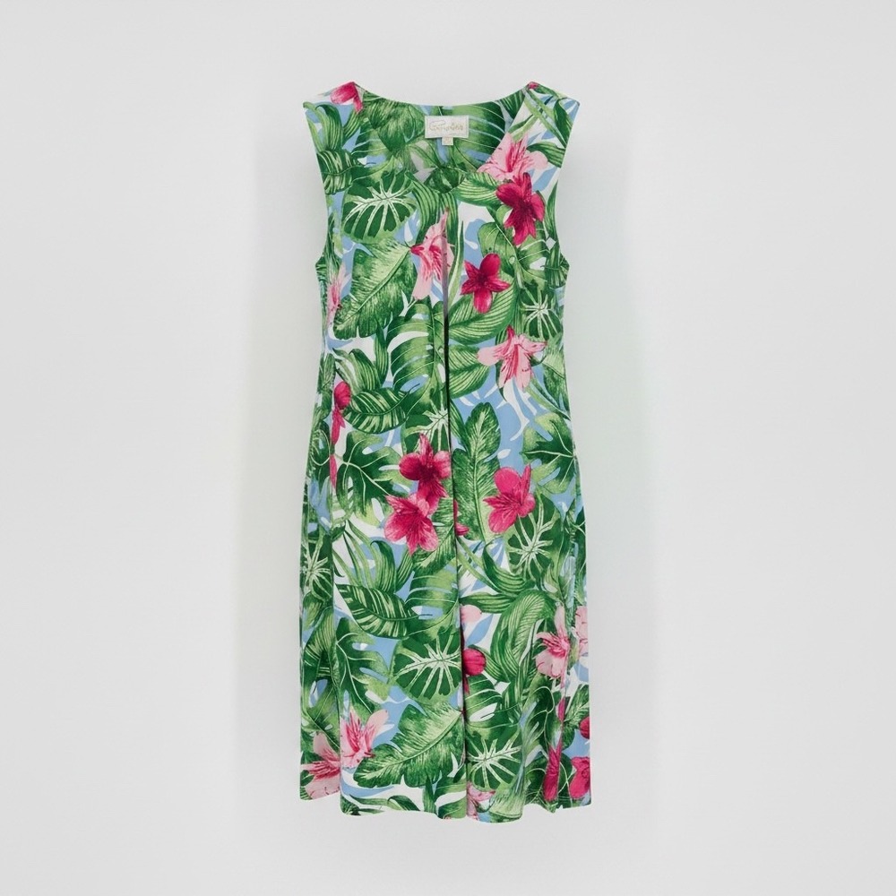 Pappagallo Shift Dress Women 2X Green Tropical Monstera Floral Sleeveless V-Neck